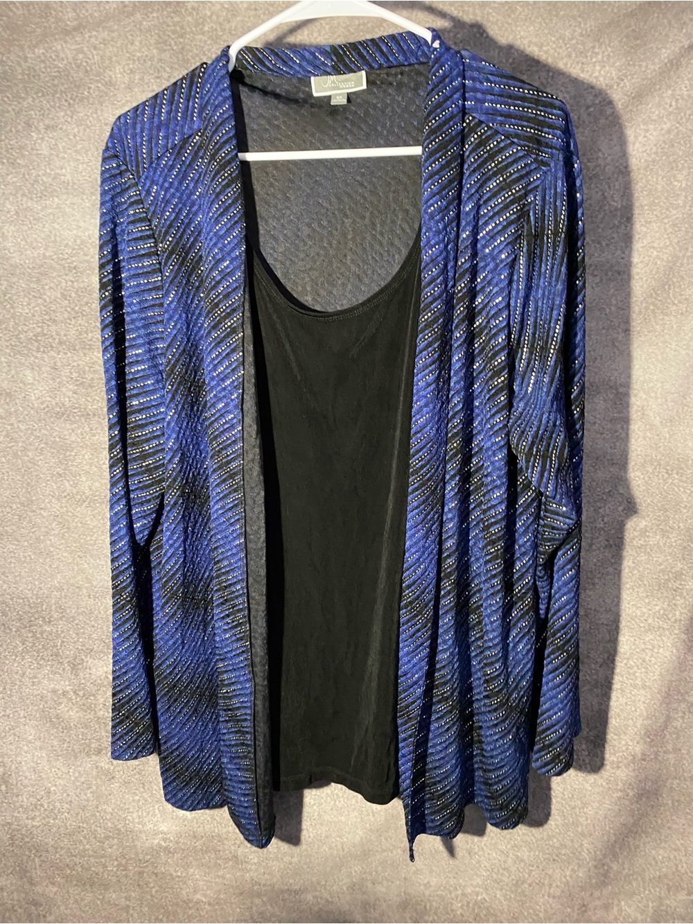 JM Collection Woman 3X Blue Black Metallic Striped Open Front Cardigan Tank Set